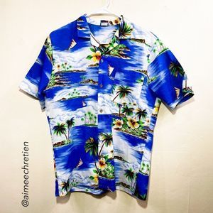 Big Sur California Blue & White Floral Island Palm Tree Aloha Shirt Size M